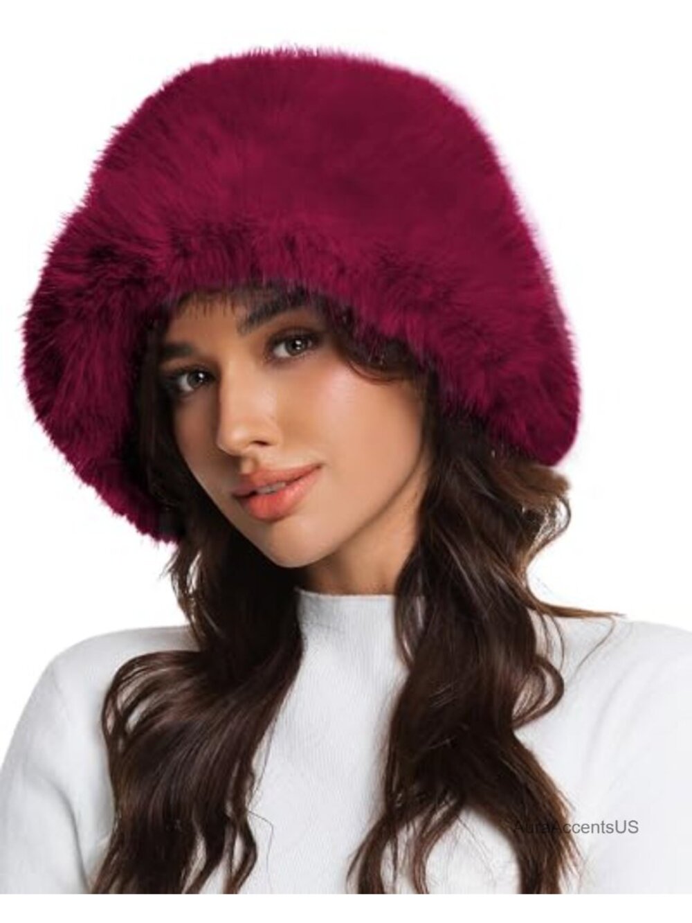 Faux Fur Bucket Hat Wide Brim Adjustable Fuzzy Winter Cap